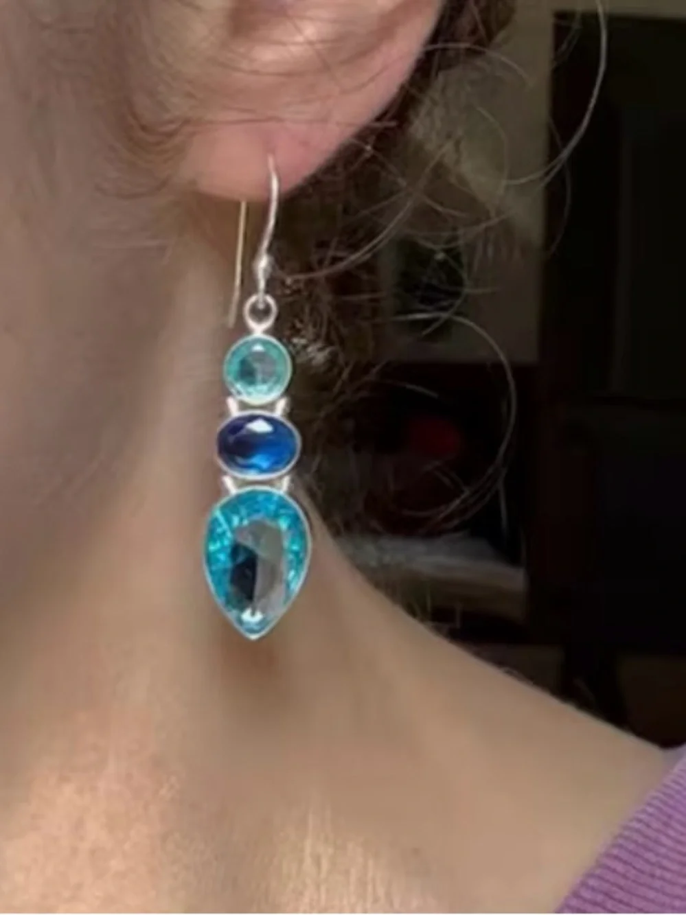Silver Drop Earrings Blue and Teal Stones Boho style for day or evening NWOT - Picture 3 of 5